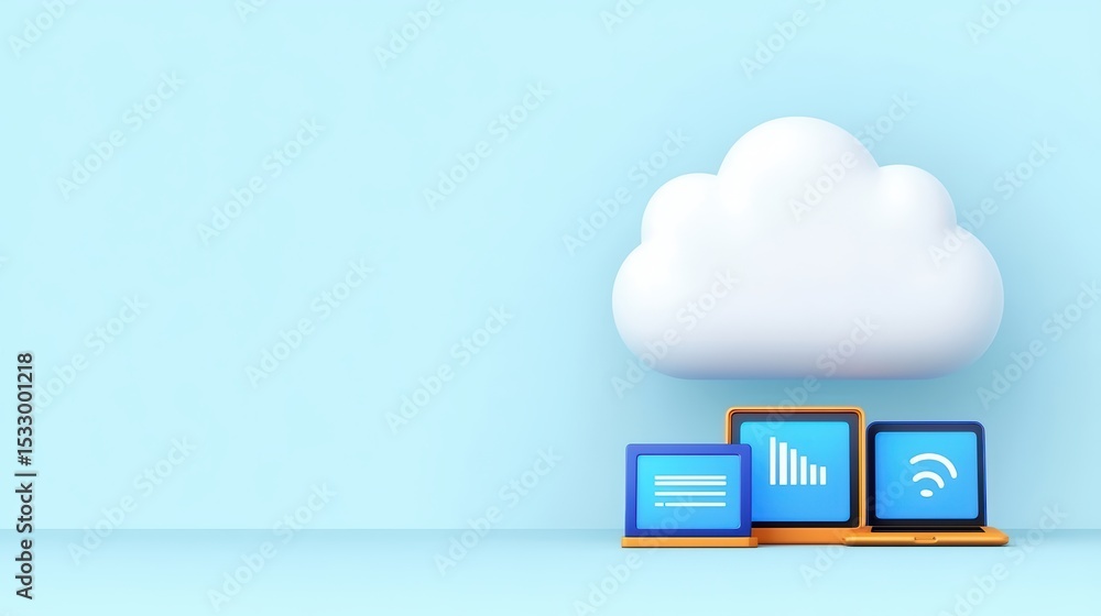 Poster modern digital cloud computing concept with laptops displaying data and connectivity symbols on blue