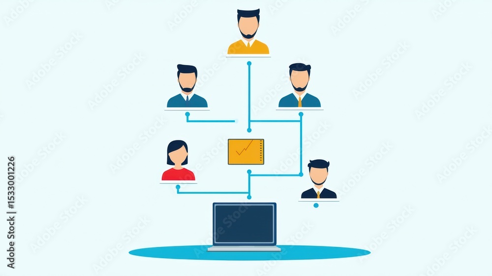 Poster network connection between diverse individuals with laptop and data visualization elements for busin