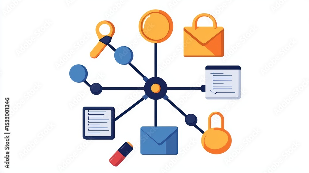Poster modern digital workflow illustration featuring connections between data points and tools for effecti