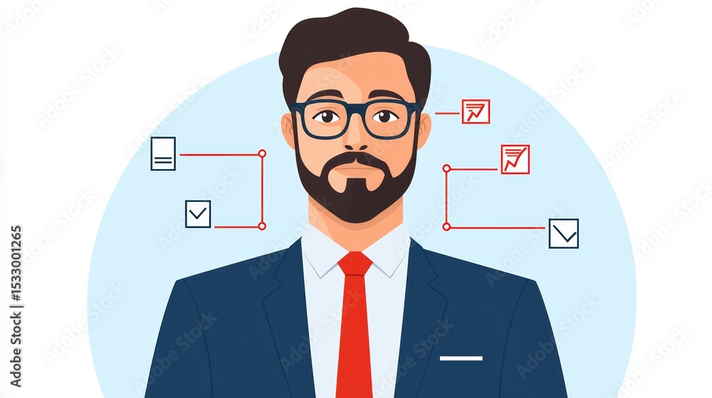 Poster professional man with glasses and beard in business suit surrounded by icons representing tasks and 