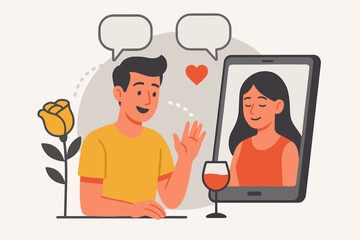 Flat illustration of a young couple video chatting and texting to connect in a long-distance relationship through mobile technology and love communication apps