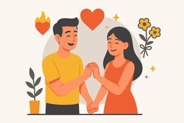 Flat vector illustration of a couple celebrating their romantic relationship by expressing love and happiness in a cozy modern dating scene