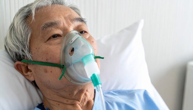 Senior Asian man wearing an oxygen mask in his bed, indicating he needs respiratory support