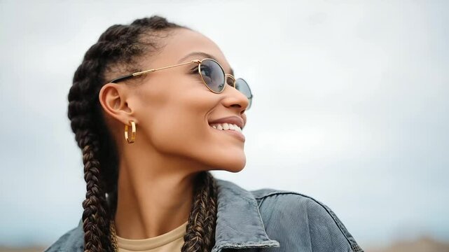 A joyful woman with cornrow braids and sunglasses enjoys a cloudy day.