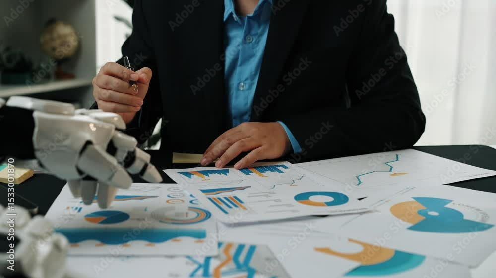 Poster a modern business space where consultants and ai tools work in tandem to generate data-driven soluti