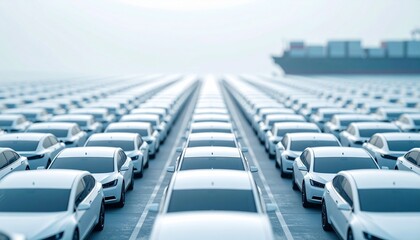 Obraz premium Rows of new cars ready for export at a port. A large cargo ship is visible in the background.