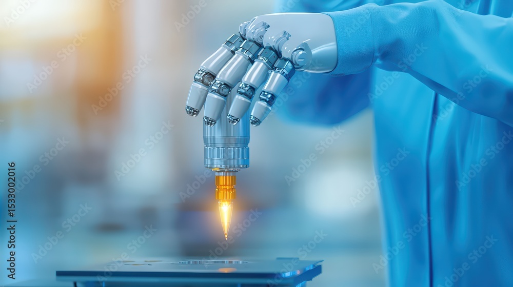 Poster advanced robotic hand manipulating precision tool with fine beam of light in modern laboratory setti