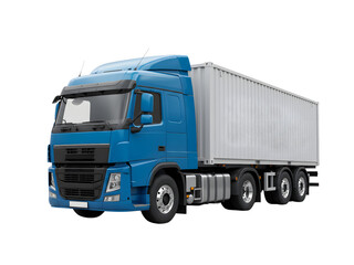 Realistic silver semi-truck pulling cargo container trailer, isolated on transparent background, ideal for logistics, freight, transport, and shipping designs.