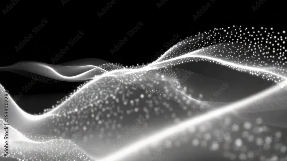 Poster abstract flowing glowing particles animation on black background for technology