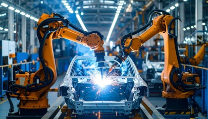 Robotic arms meticulously welding a car body in an automated industrial setting, highlighting precision and advanced manufacturing technology.