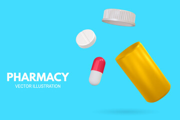 Pharmacy poster, banner with 3d Realistic Pharmaceutical Bottle and capsule pill tablet. Advertising for hospital or pharmaceutical company. Sign for pharmacy. Vector illustration