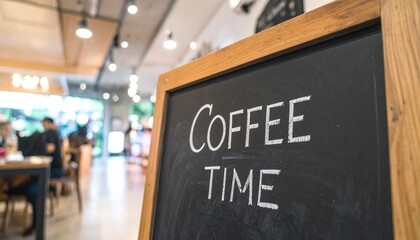 "Coffee Time" chalkboard sign in a cozy coffee shop. This sign evokes a warm, inviting feeling, setting the stage for a relaxing experience. The wooden frame adds a touch of rustic charm to the scene