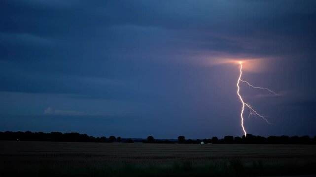Dramatic lightning storm over open field at dusk captured in high definition
