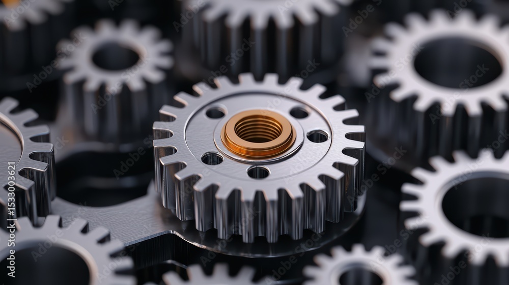 Poster interconnected metallic gears in close-up view showcasing intricate design and precise engineering i