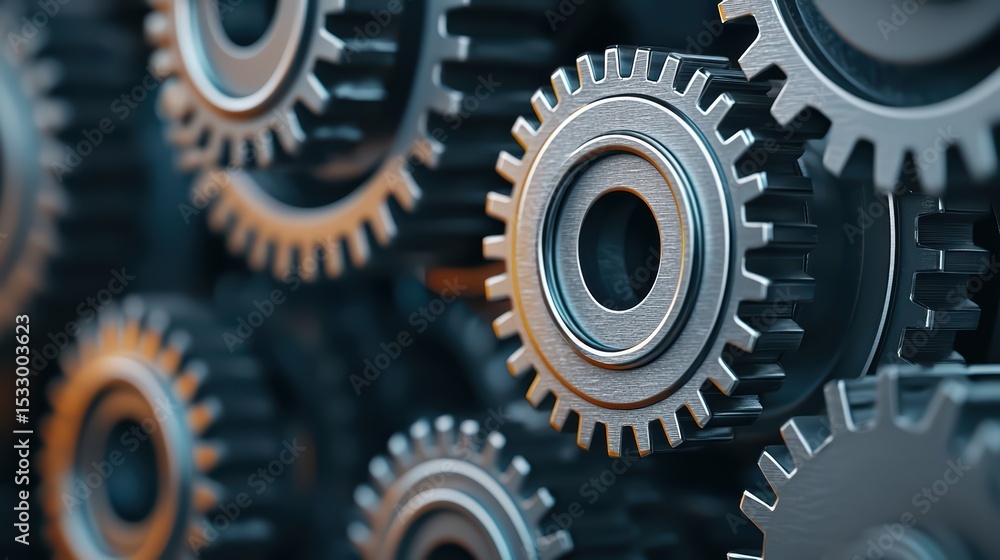 Poster close-up view of interlocking metal gears in motion showing precision engineering and mechanical des