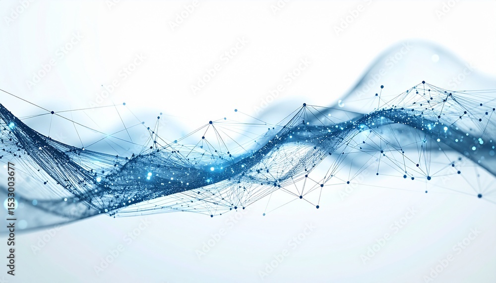 Poster abstract digital design featuring flowing blue lines and connected dots, suggestive of networks and 