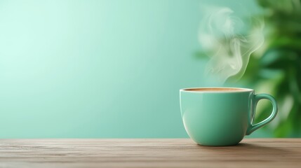 Fototapeta premium Steam Rising from a Freshly Brewed Cup of Coffee on a Wooden Table with a Soft Green Background and Relaxing Ambiance