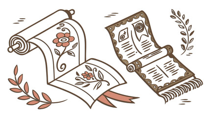 Creative hand drawn book elements bundle including vintage pages, scrolls, text highlights to enhance any design layout 
