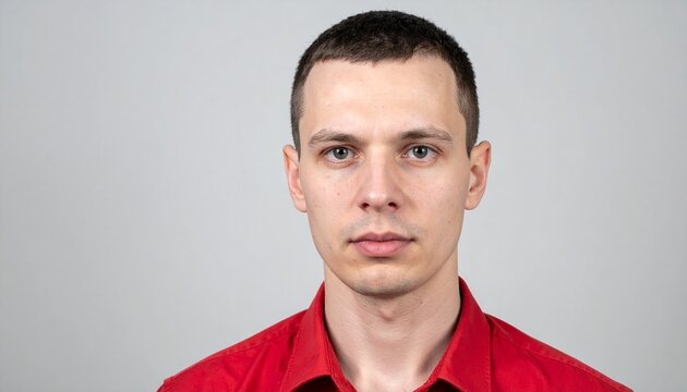 Portrait of a man with a serious expression wearing a red shirt