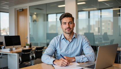 Professional man sitting at desk with laptop and notebook in office  