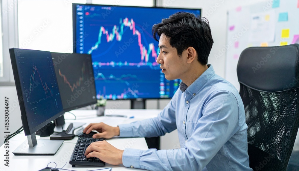 Poster a focused person working at a computer, surrounded by monitors displaying financial data