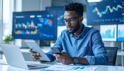 A focused man engrossed in his work, surrounded by multiple computer screens displaying stock market data. He's using a tablet and a smartphone