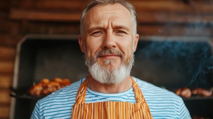 Joyful Man with Beard in Striped Shirt and Apron Smiling at the Barbecue Grill with Smoke and Grilled Food in Background