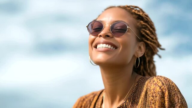 A cheerful woman with cornrow braids and sunglasses enjoys a cloudy day.