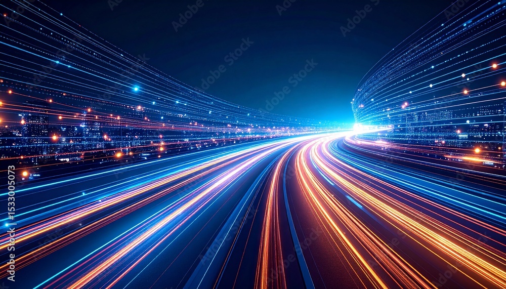Poster a futuristic highway with streams of light and the concept of high speed data flow, capturing a sens