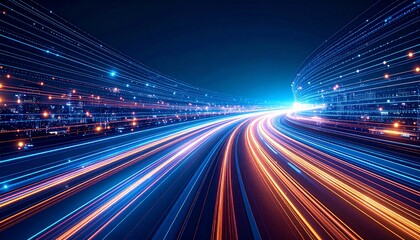 Obraz premium A futuristic highway with streams of light and the concept of high speed data flow, capturing a sense of technological innovation