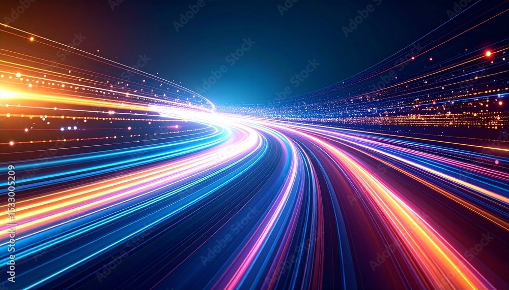 Poster dynamic light trails against a futuristic background, symbolizing high-speed data transfer and techn