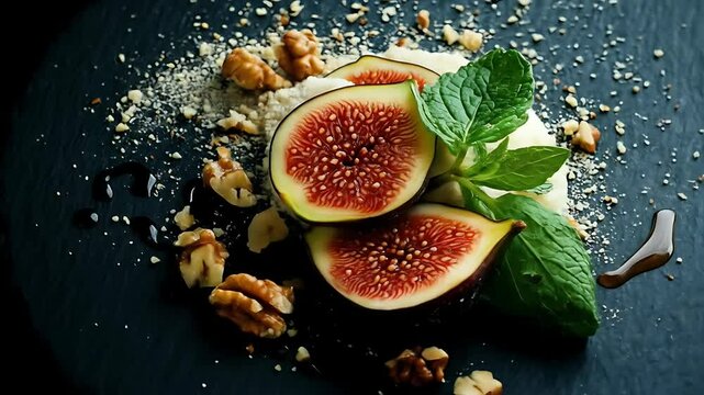 Fresh figs with nuts and greens artfully arranged on a dark stone surface