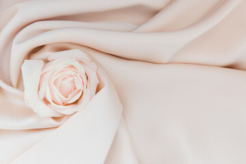Obraz premium Delicate pink rose resting on soft cream fabric during a serene indoor setting