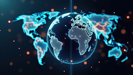 Naklejka premium Globe with real-time glowing data streams (GDP, trade, growth %) connecting continents, upward graphs, deep space backdrop, growth, financial, business.