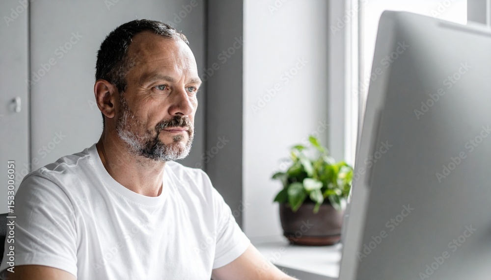 Poster a middle-aged man with a beard looking at a computer screen in a bright, modern office setting