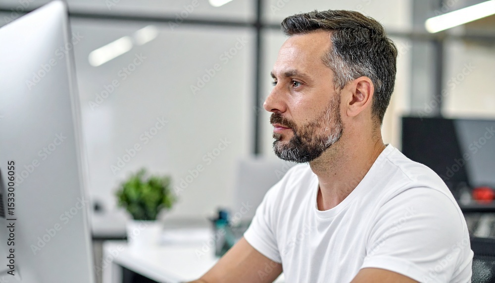 Poster a focused individual engaging with a computer screen in an office setting