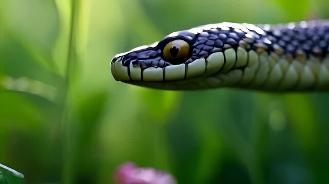 A snake slithers gracefully through a dense forest, its scales shimmering in the soft sunlight. 