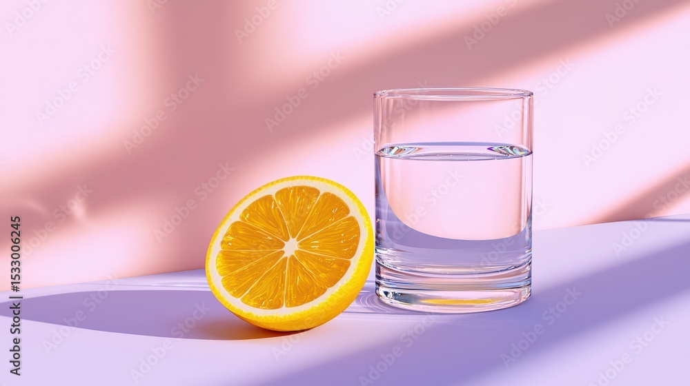 Poster refreshing lemon and clear water in a modern setting with soft lighting and shadows