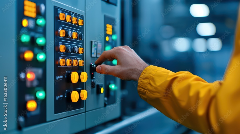 Poster close-up of hand adjusting control panel with colorful buttons in industrial environment