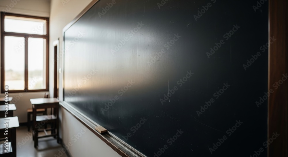Poster empty classroom blackboard - a large, empty blackboard in a classroom setting with desks and chairs 