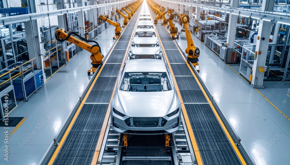Poster automated automobile assembly line showing robots working on vehicle chassis