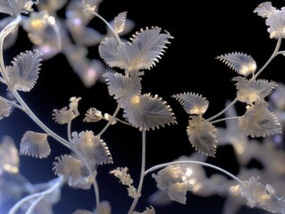 Delicate translucent leaves with serrated edges, illuminated with soft, glowing light. The intricate pattern is reminiscent of a serene, ethereal dream-like botanical scene