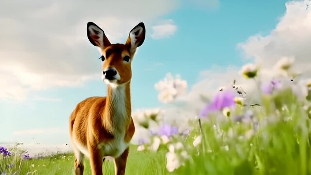 A cute deer  in a meadow filled with beautiful wildflowers. 