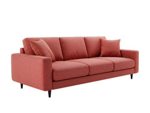 Elegant red leather couch with plush pillows, isolated on transparent background—perfect for modern interiors, furniture catalogs, or luxury living room designs.