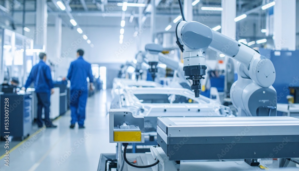 Poster inside a high-tech factory, robots work alongside engineers. this advanced automated industrial proc