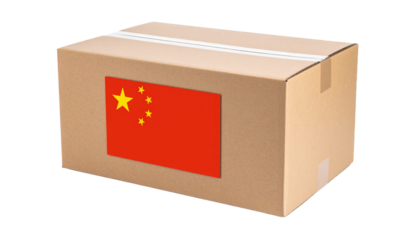 A cardboard box with a Chinese flag