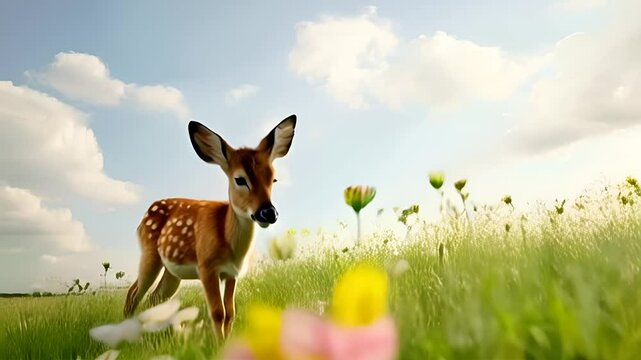 A cute deer  in a meadow filled with beautiful wildflowers. 
