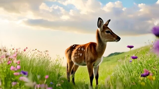 A cute deer  in a meadow filled with beautiful wildflowers. 