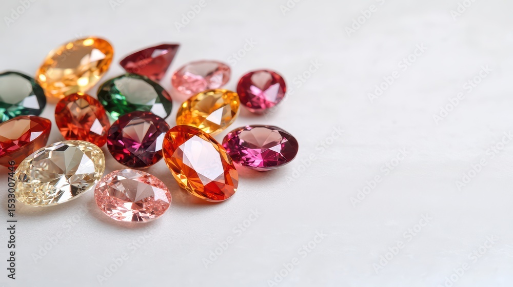 Poster assortment of colorful gemstones on a light background with sparkling facets and shimmering reflecti