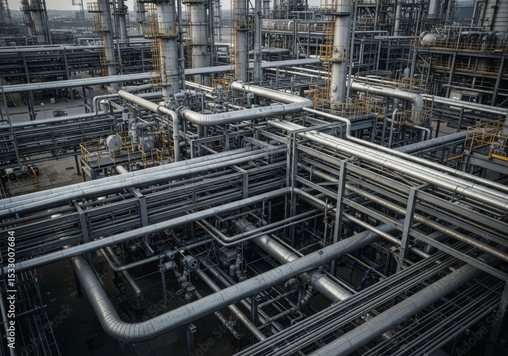 Poster industrial refinery pipes and structures - complex network of pipes and structures within an industr